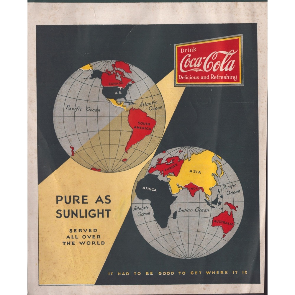 Vintage Coca-Cola Print Ad Pure as Sunlight Global World Map Graphic 7.6x9.4 - Picture 1 of 2